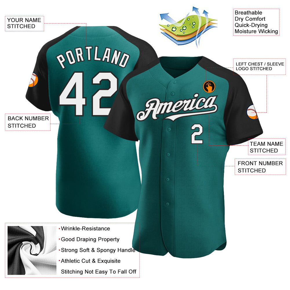 Custom Teal White-Black Authentic Raglan Sleeves Baseball Jersey