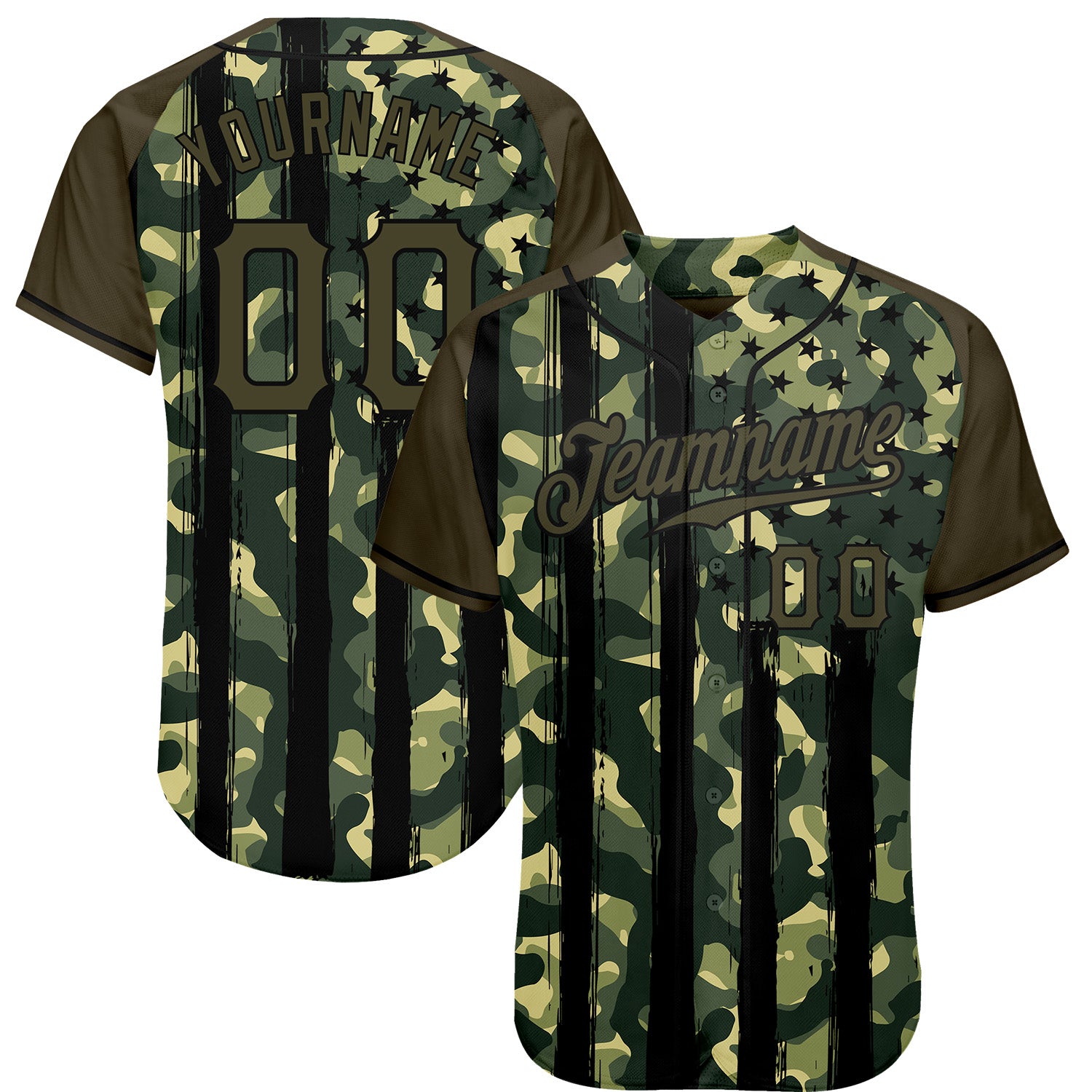 Custom Camo Olive-Black Distressed Raglan Sleeves Authentic Baseball Jersey