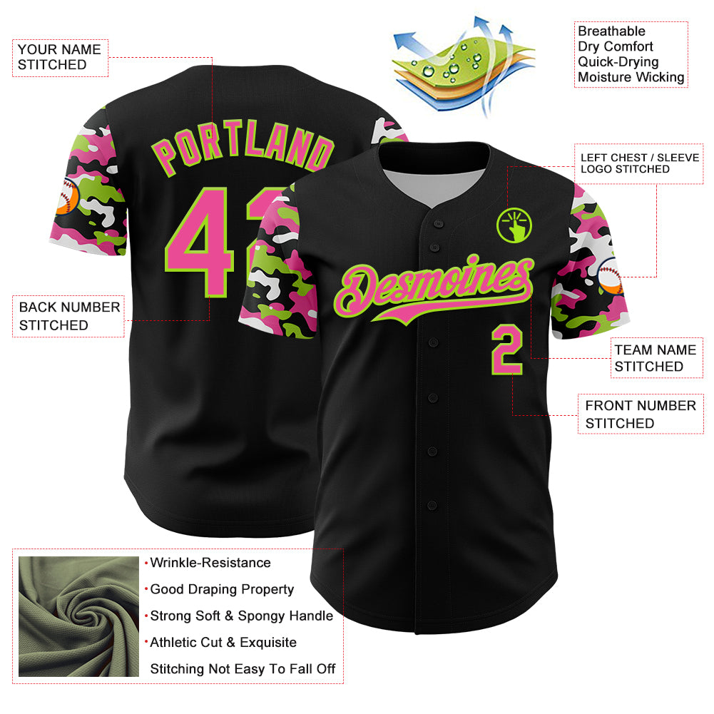 Custom Black Pink Neon Green-White Digital Camo Two Tone Authentic Baseball Jersey