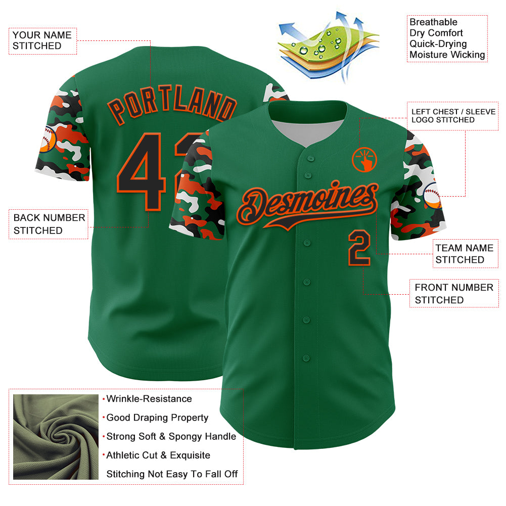 Custom Kelly Green Black Orange-White Digital Camo Two Tone Authentic Baseball Jersey