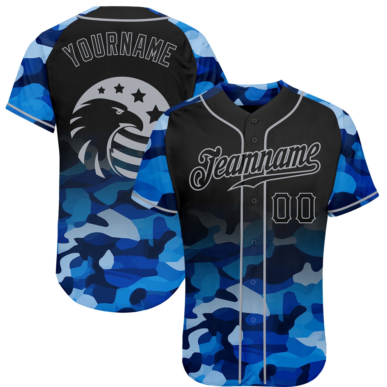 Custom Camo Black-Gray Eagle Raglan Baseball Jersey