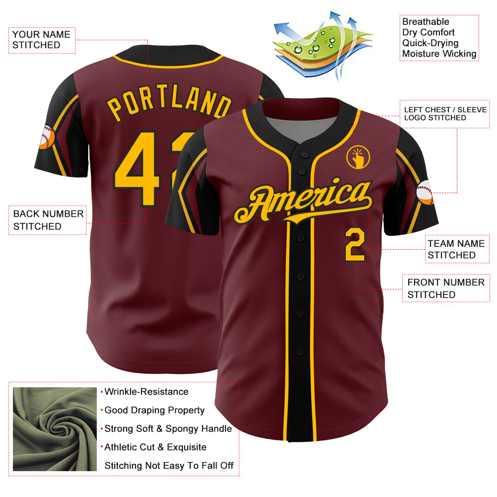 Custom Burgundy Gold-Black 3 Colors Arm Shapes Authentic Baseball Jersey