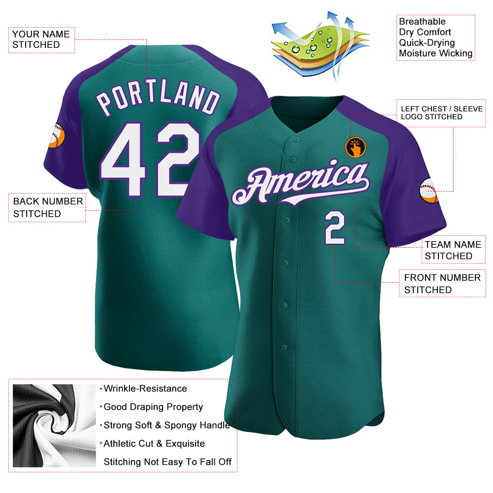 Custom Teal White-Purple Authentic Raglan Sleeves Baseball Jersey