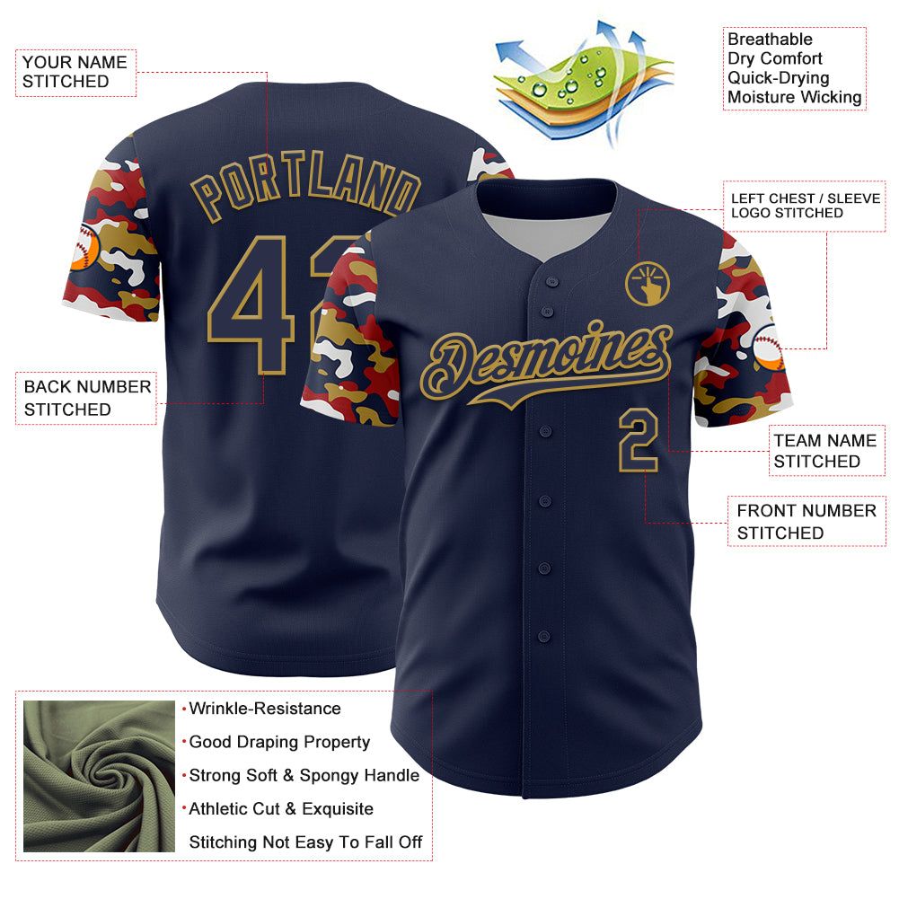 Custom Navy Old Gold Red-White Digital Camo Two Tone Authentic Baseball Jersey