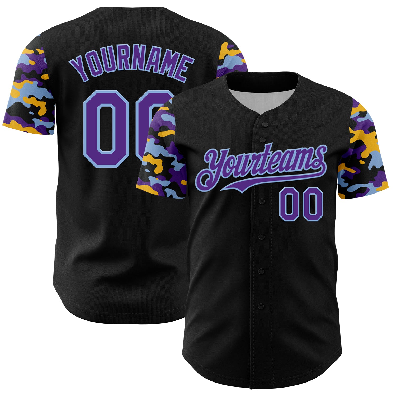 Custom Black Purple Light Blue-Gold Digital Camo Two Tone Authentic Baseball Jersey