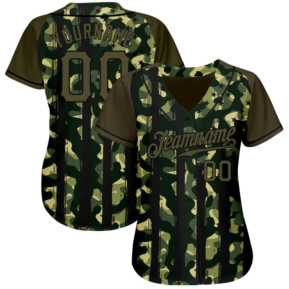 Custom Camo Olive-Black Distressed Raglan Sleeves Authentic Baseball Jersey