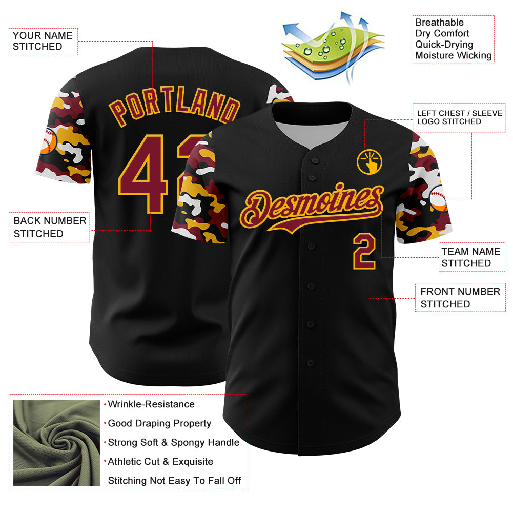 Custom Black Crimson Gold-White Digital Camo Two Tone Authentic Baseball Jersey