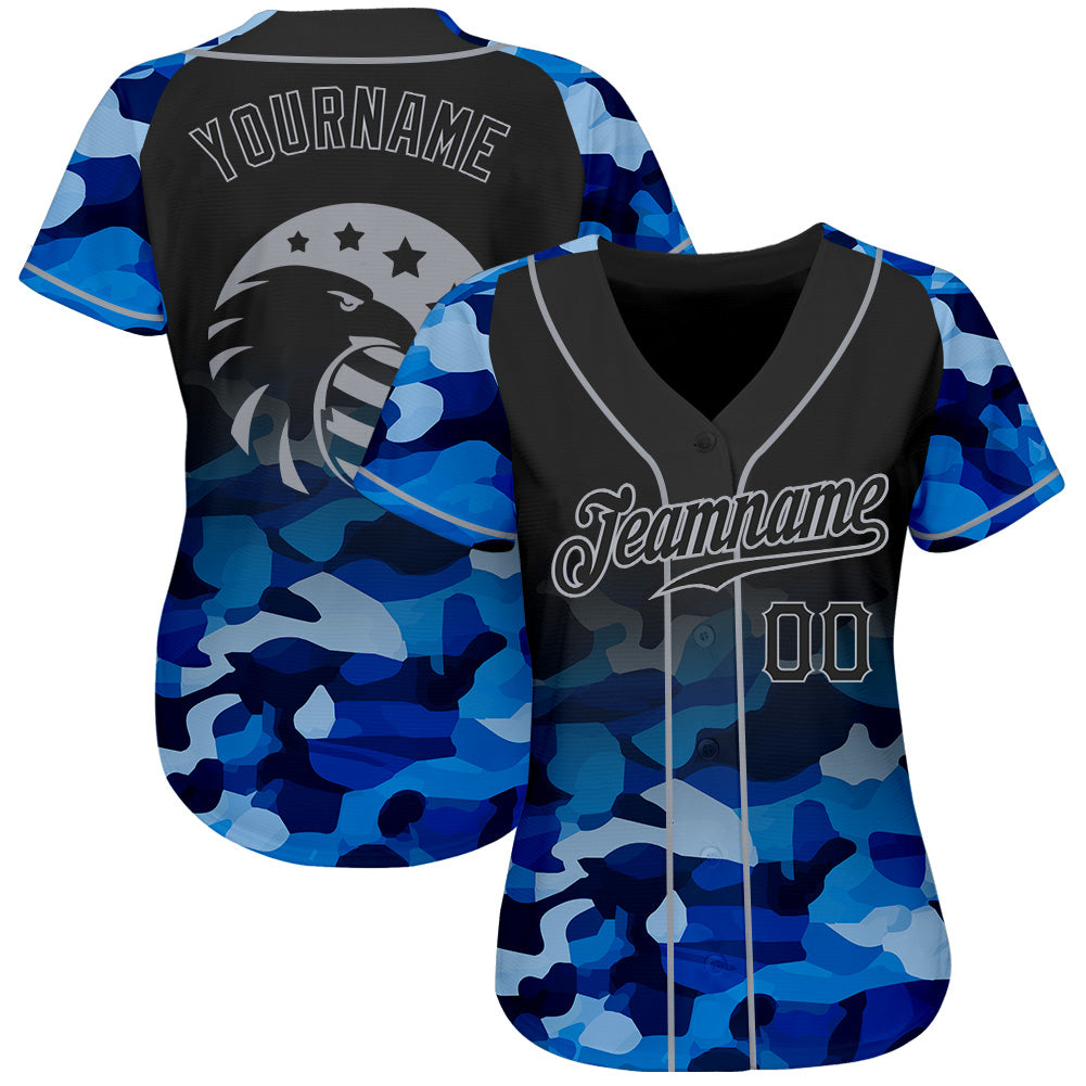 Custom Camo Black-Gray Eagle Raglan Baseball Jersey