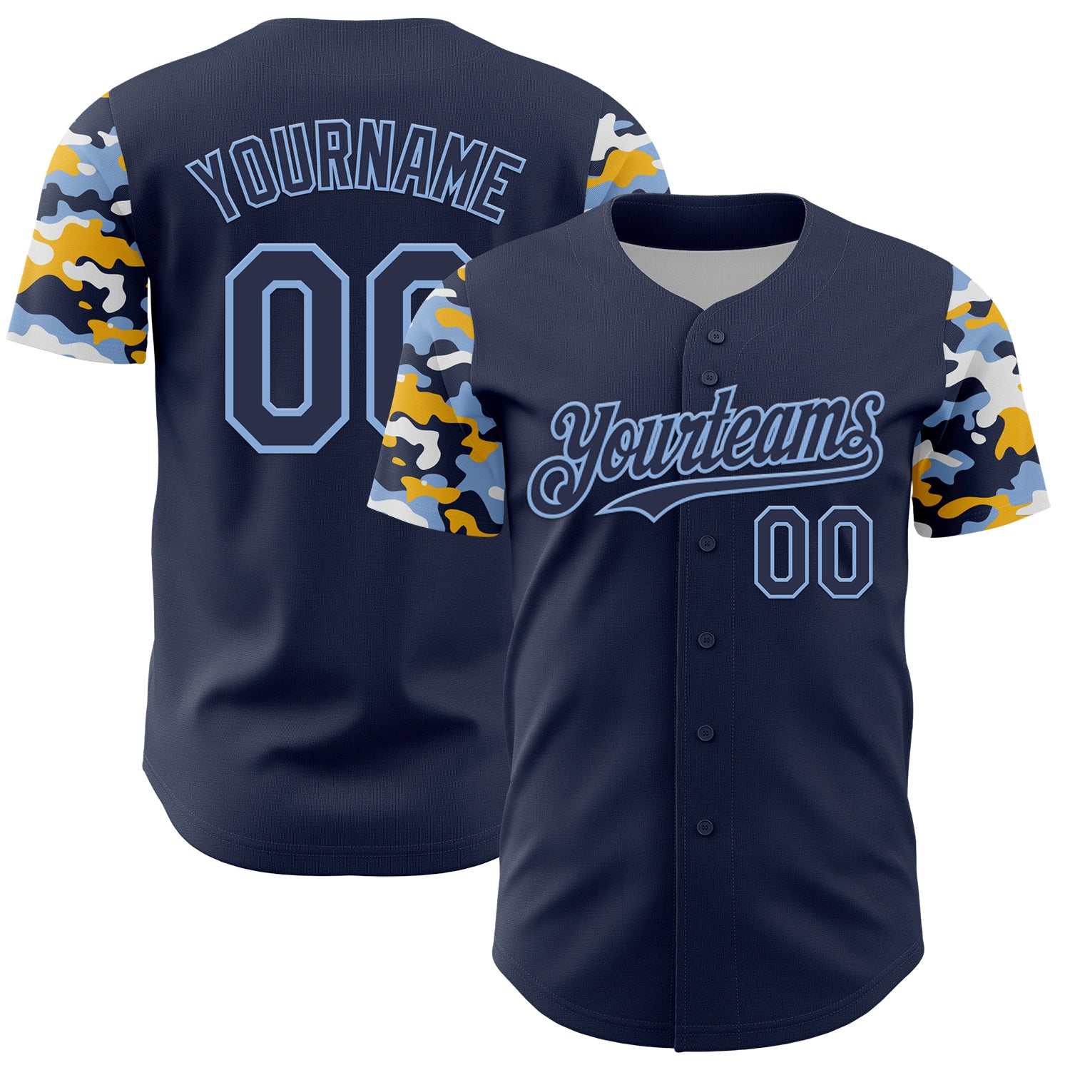 Custom Navy Light Blue Gold-White Digital Camo Two Tone Authentic Baseball Jersey