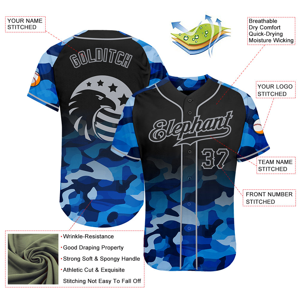 Custom Camo Black-Gray Eagle Raglan Baseball Jersey