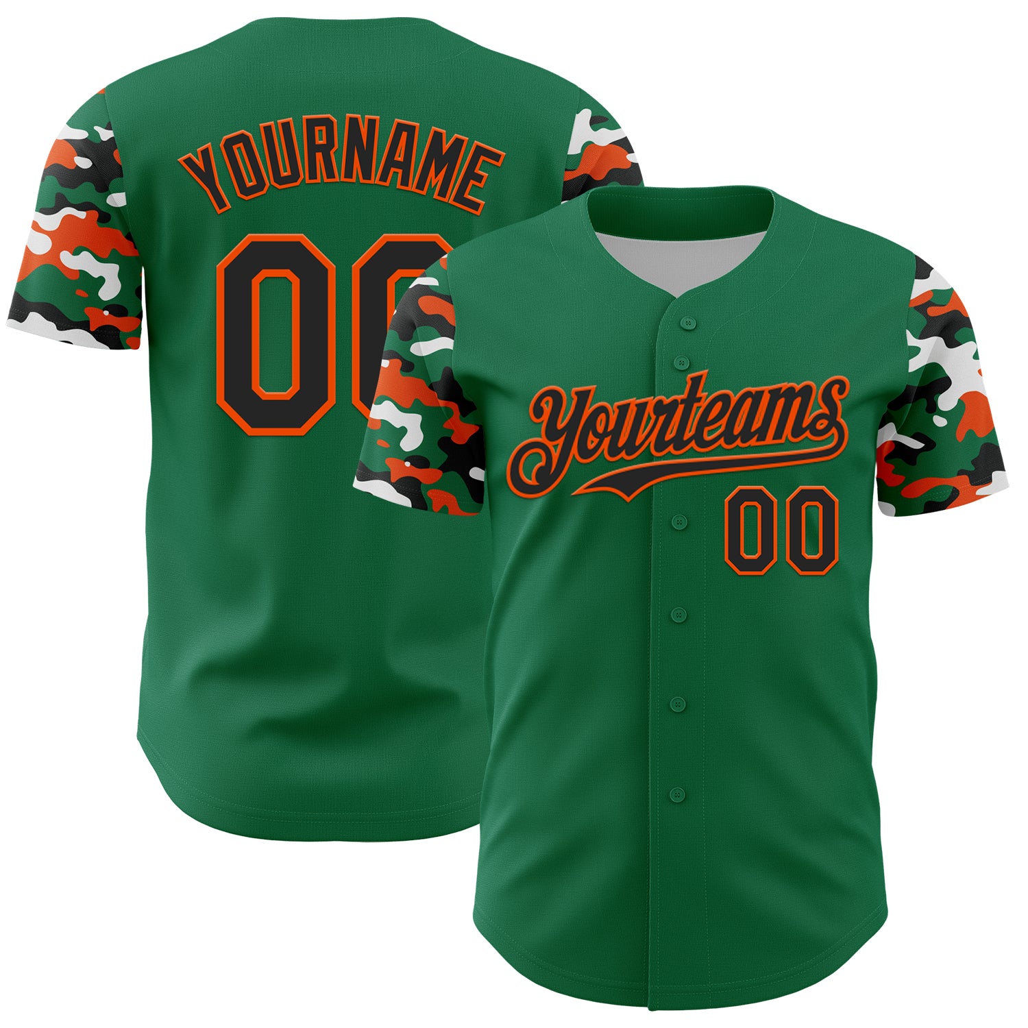 Custom Kelly Green Black Orange-White Digital Camo Two Tone Authentic Baseball Jersey
