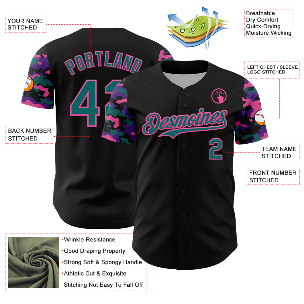Custom Black Teal Pink-Purple Digital Camo Two Tone Authentic Baseball Jersey