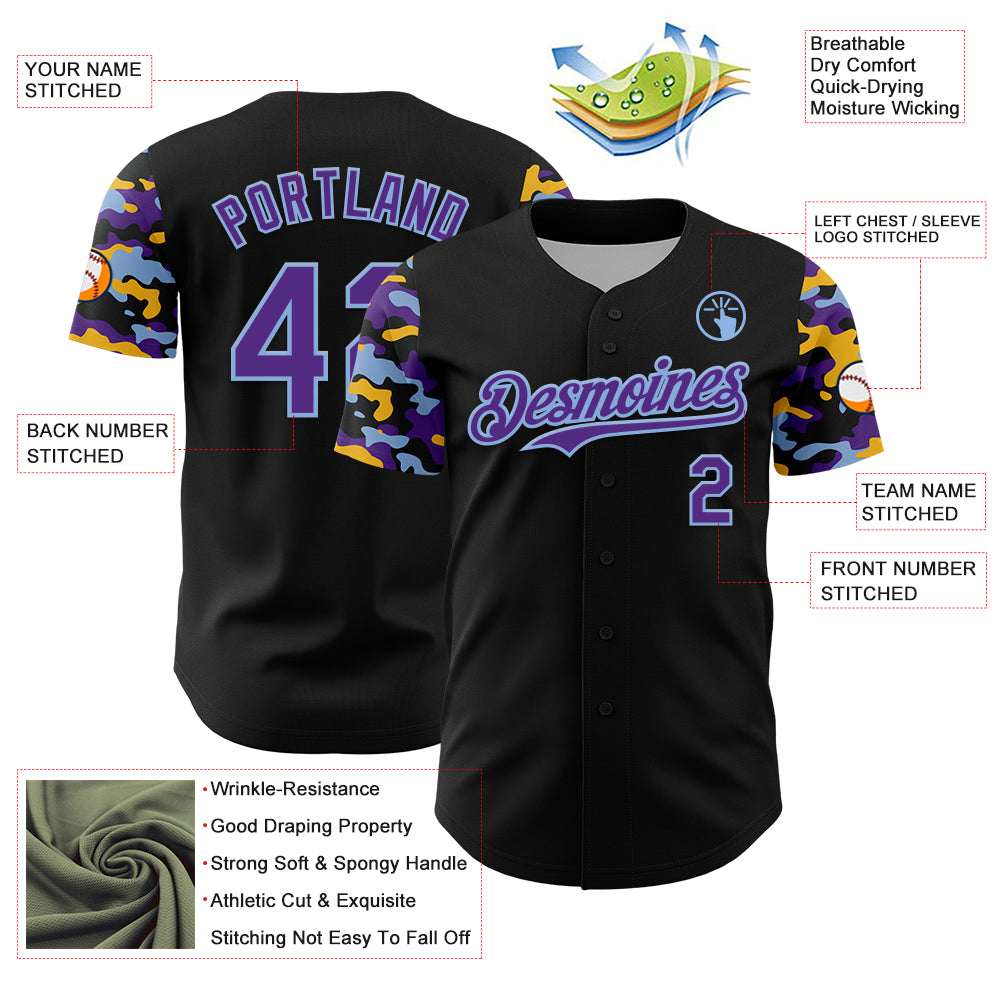 Custom Black Purple Light Blue-Gold Digital Camo Two Tone Authentic Baseball Jersey