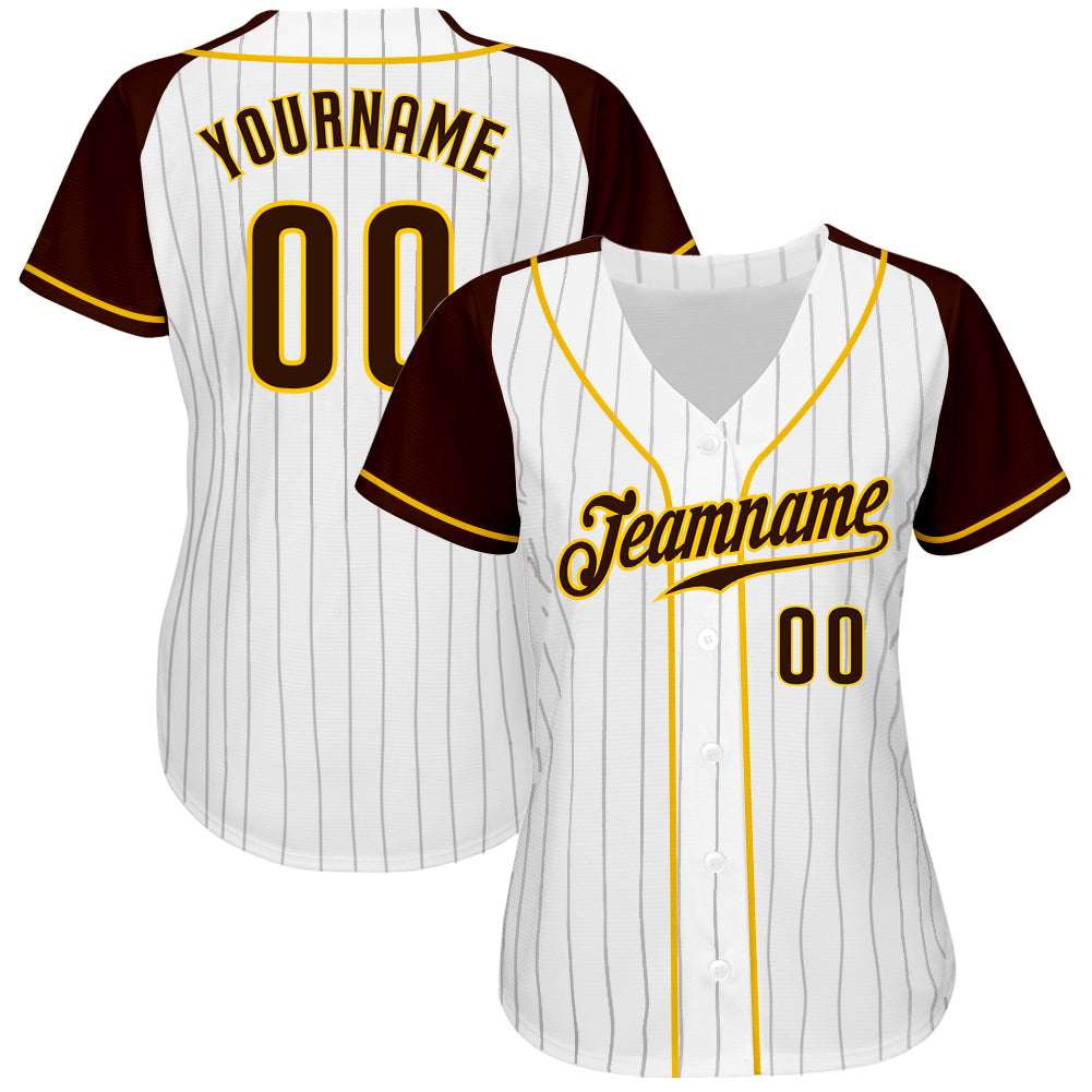 Custom White Brown Pinstripe Brown-Gold Authentic Raglan Sleeves Baseball Jersey