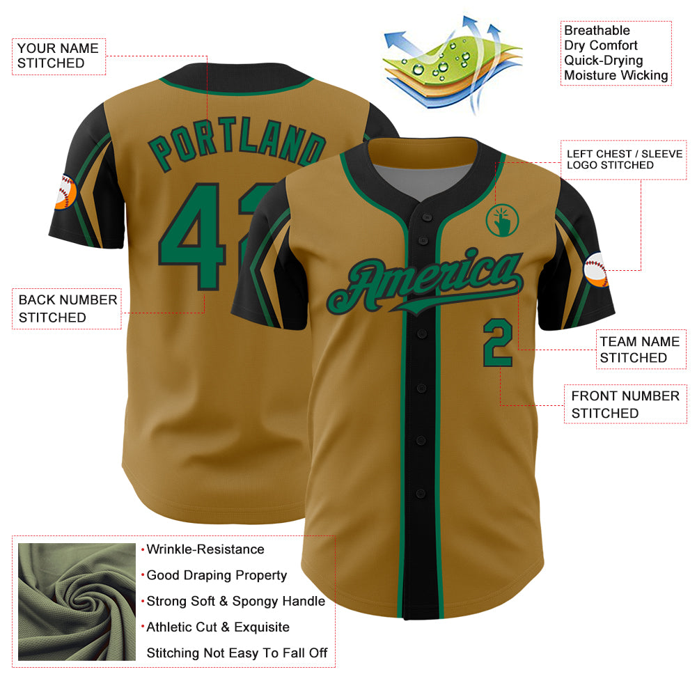 Custom Old Gold Kelly Green-Black 3 Colors Arm Shapes Authentic Baseball Jersey