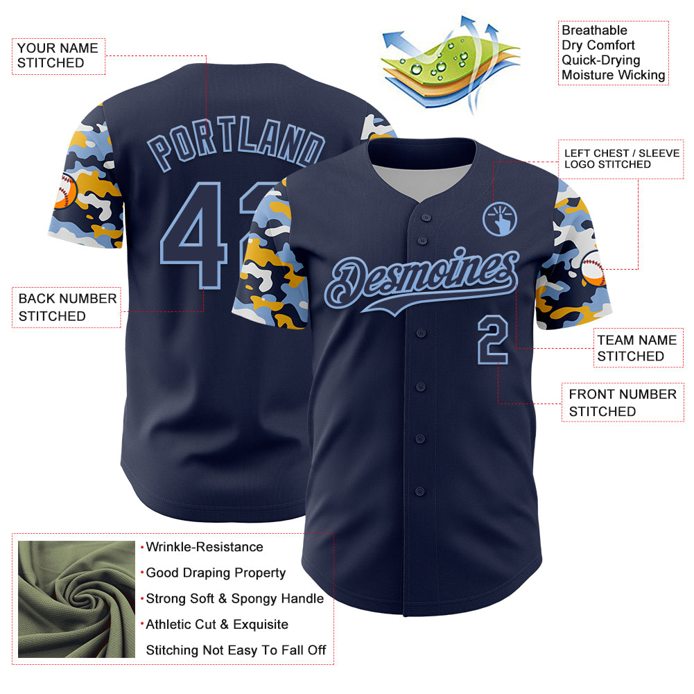Custom Navy Light Blue Gold-White Digital Camo Two Tone Authentic Baseball Jersey
