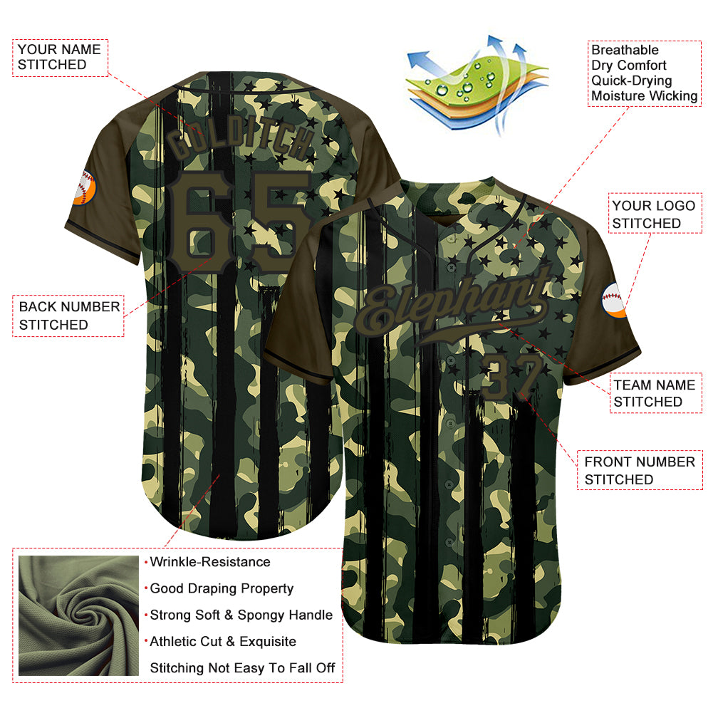 Custom Camo Olive-Black Distressed Raglan Sleeves Authentic Baseball Jersey